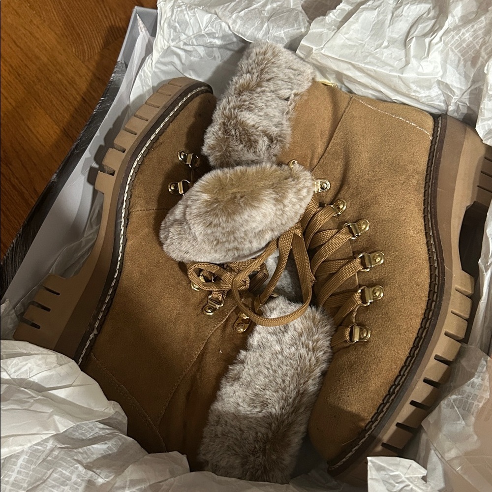 JLO Whiskey Avena Brown Suede Fur-Lined Ankle Combat Boots 8M NIB